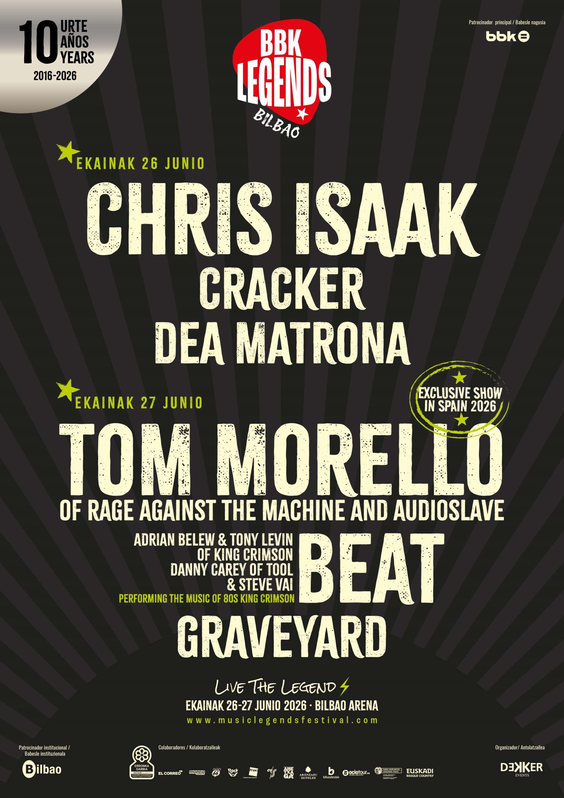 Dos noches de leyenda con Tom Morello, Chris Isaak, Beat y más artistas en el BBK Legends Bilbao 2026
