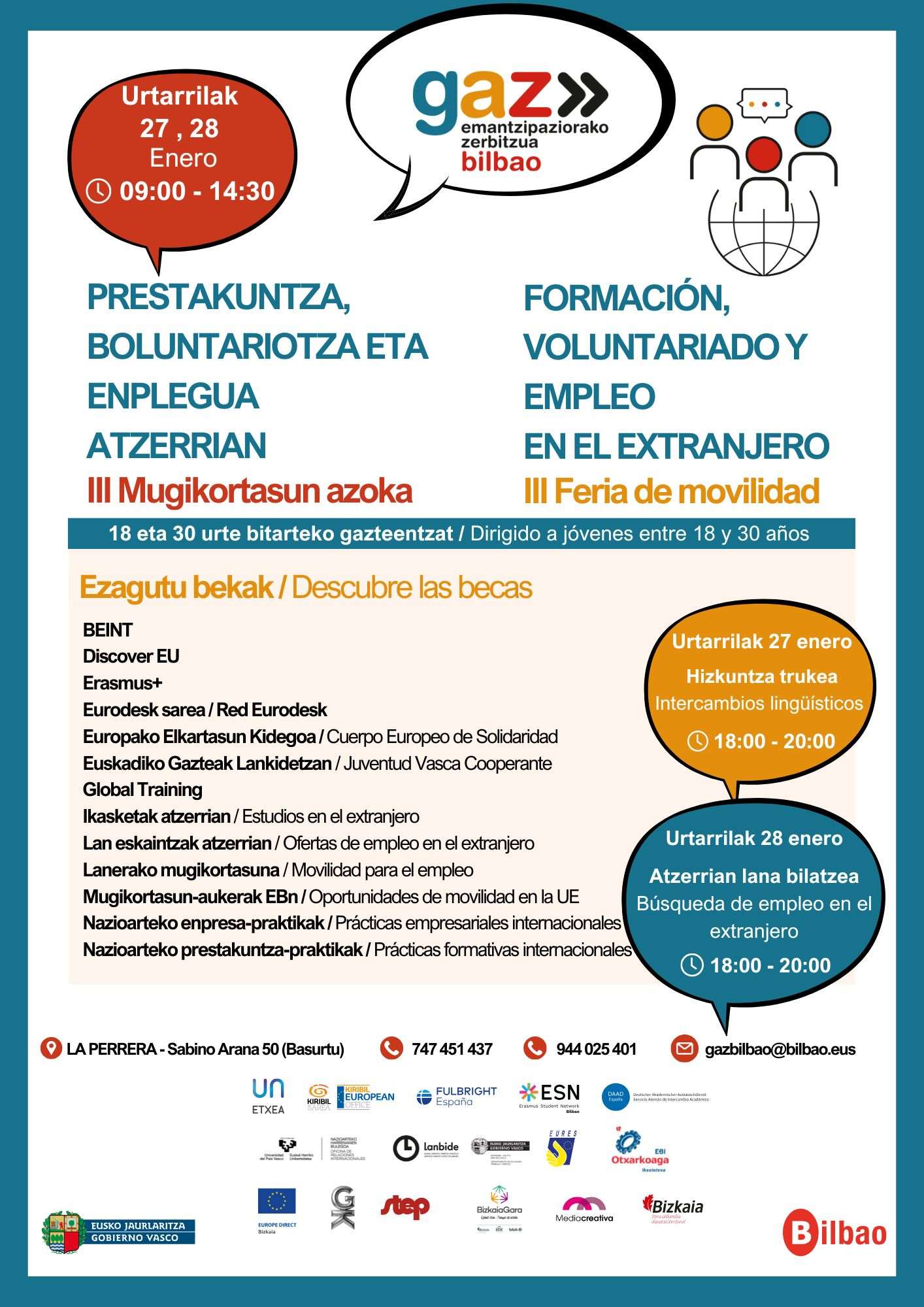 El Ayuntamiento apoya a la juventud bilbaina que se traslada al extranjero por formación, voluntariado o empleo