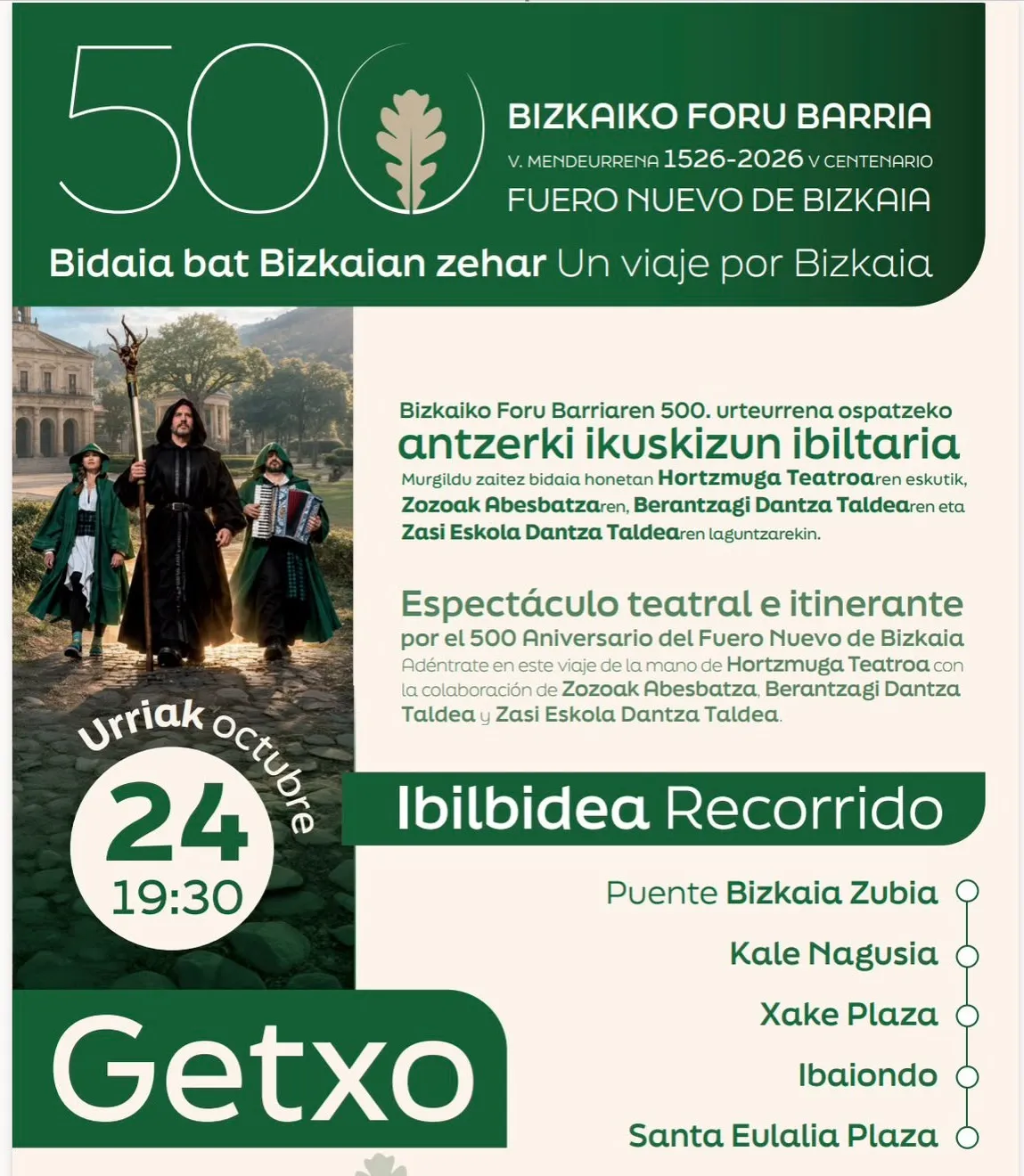 La Diputación Foral de Bizkaia y las Juntas Generales presentan “Foru Bizia”, un espectáculo teatral itinerante para celebrar el 500 aniversario del Fuero Nuevos en